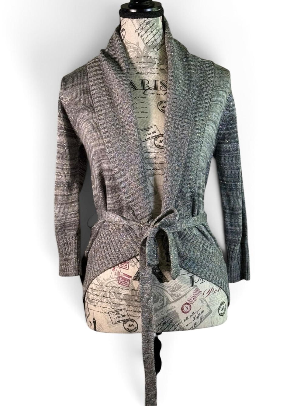 Iz Byer Gray Shawl Collar Tie-Waist Cardigan